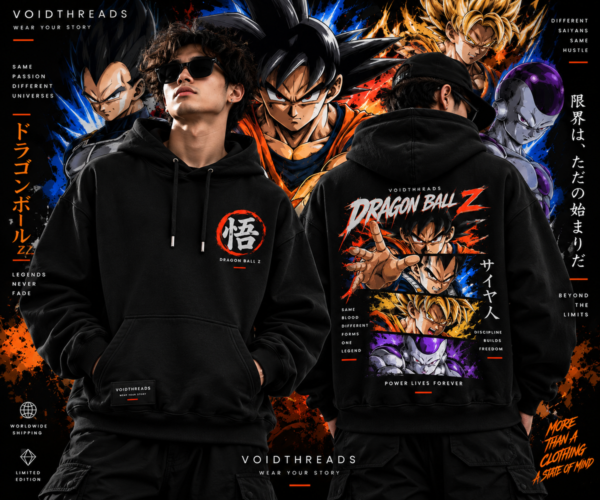 Dragon Ball Z hoodie front and back design with Goku and Saiyan artwork
