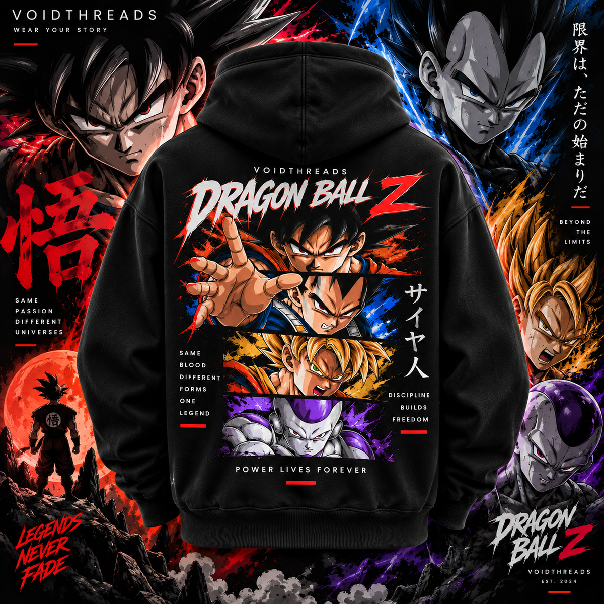 black Dragon Ball Z hoodie with Goku Vegeta Trunks and Frieza back print