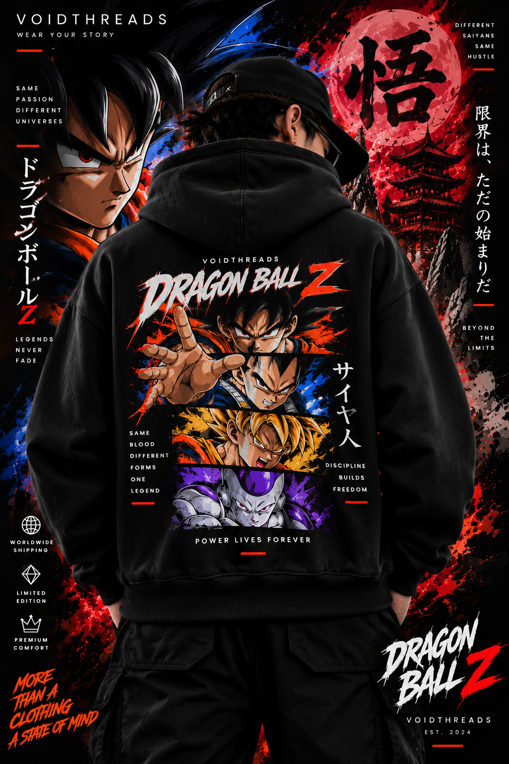 Dragon Ball Z black hoodie back design featuring Goku and Saiyan characters