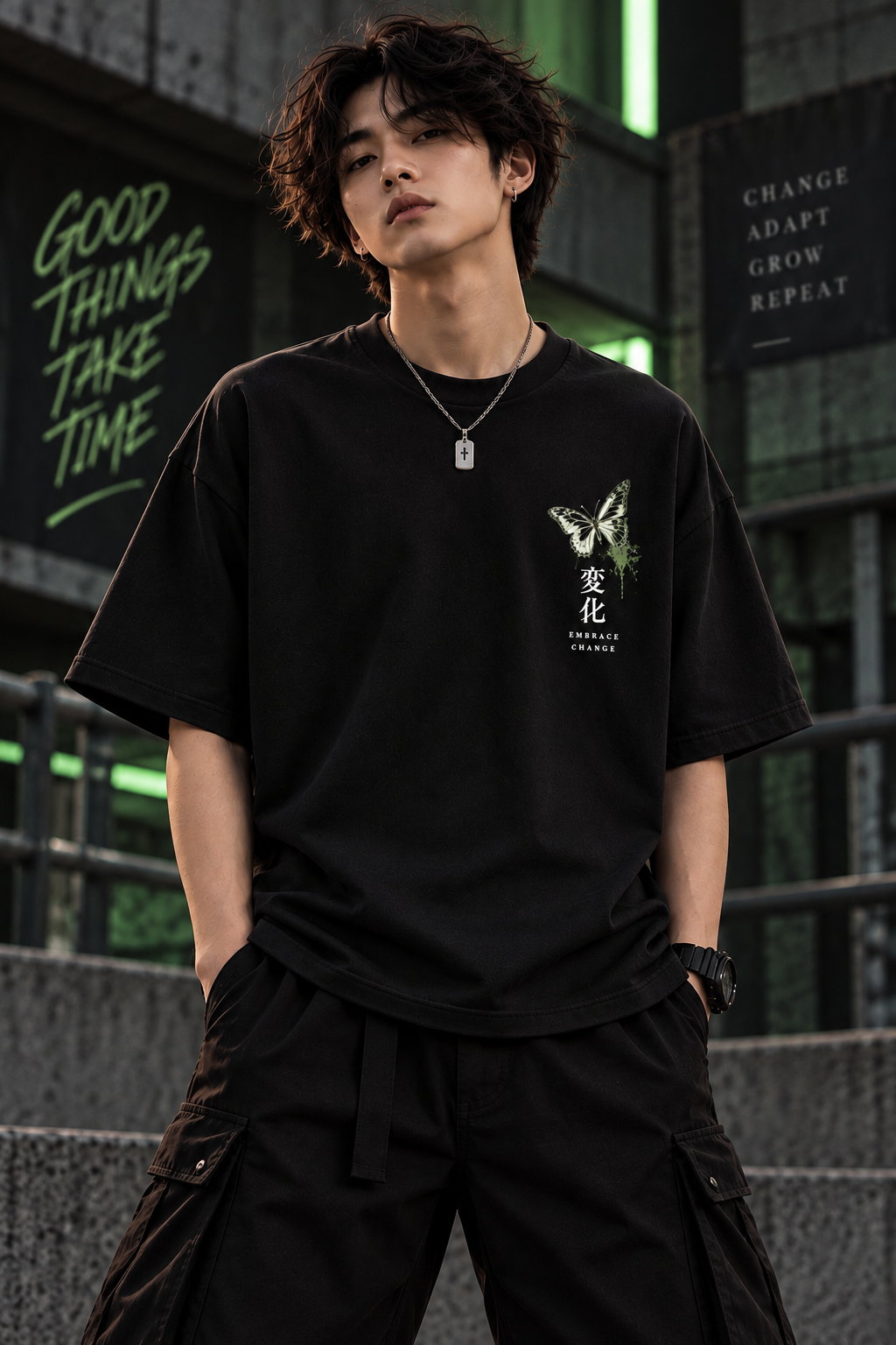 Model wearing black oversized t-shirt with butterfly Embrace Change chest graphic