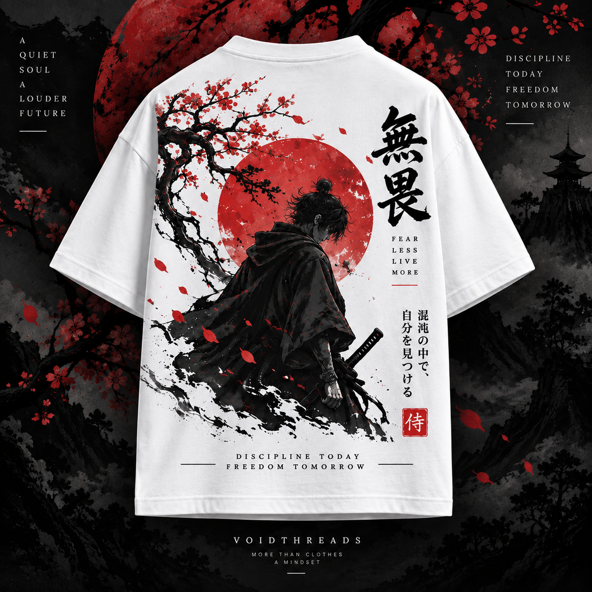 White oversized t-shirt back with samurai artwork, cherry blossoms and Japanese typography