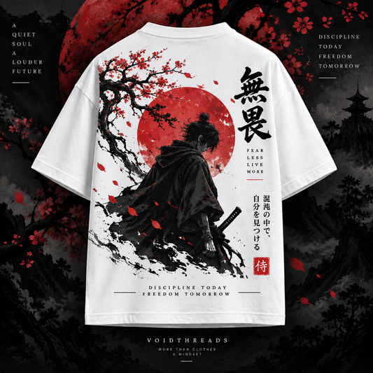 White oversized t-shirt back with samurai artwork, cherry blossoms and Japanese typography