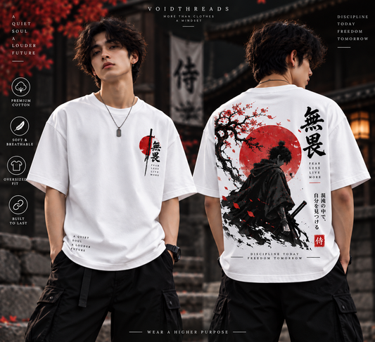Front and back view of white oversized Japanese samurai graphic t-shirt with red sun design