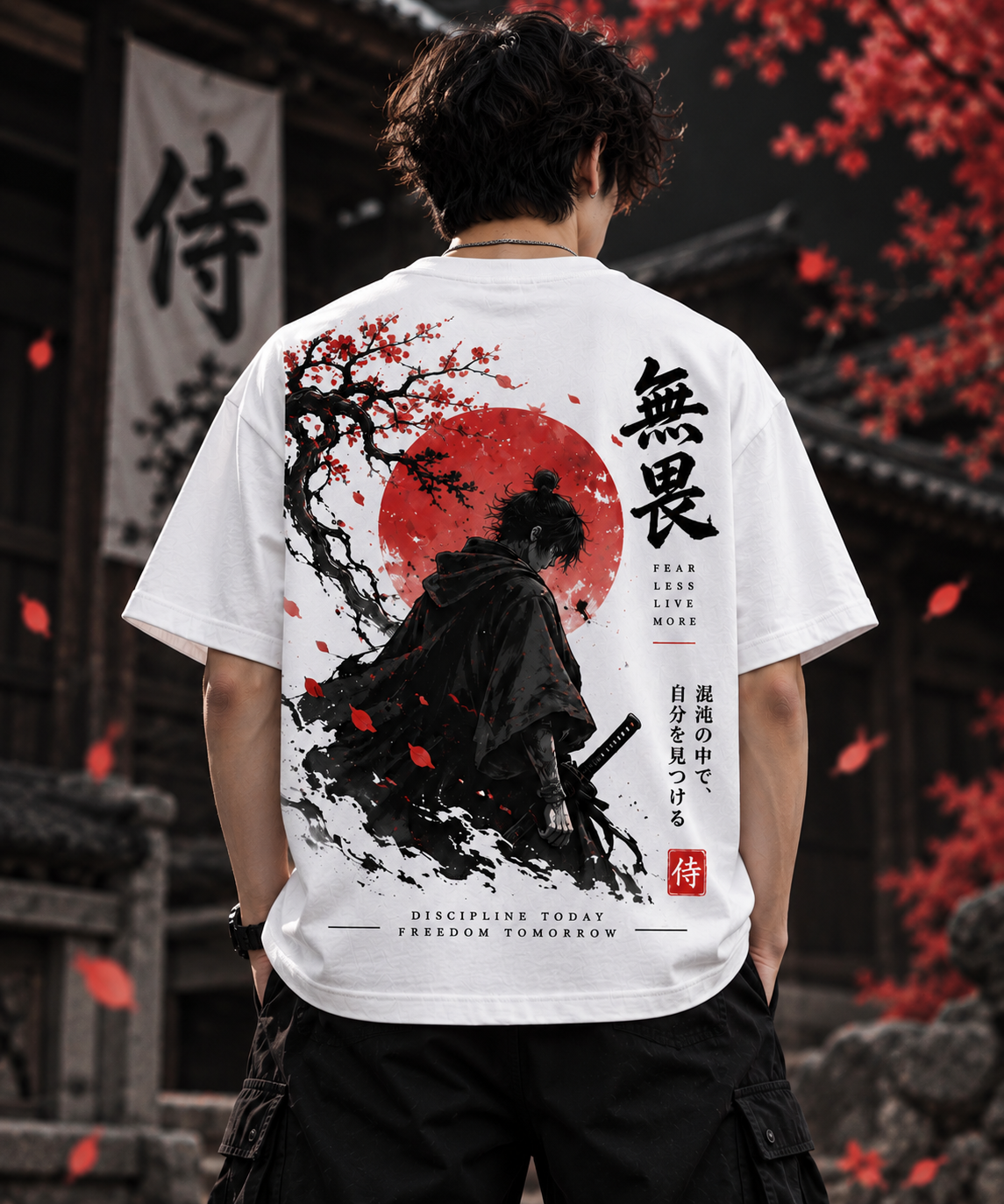 White oversized t-shirt back featuring Japanese samurai, red sun and cherry blossom artwork