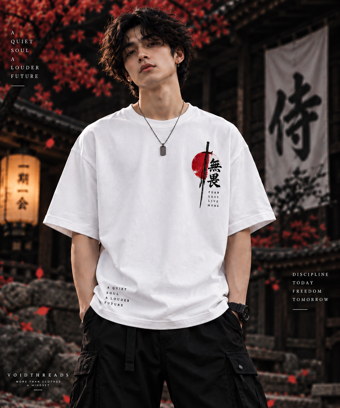 Model wearing white oversized Japanese samurai t-shirt with red sun chest graphic