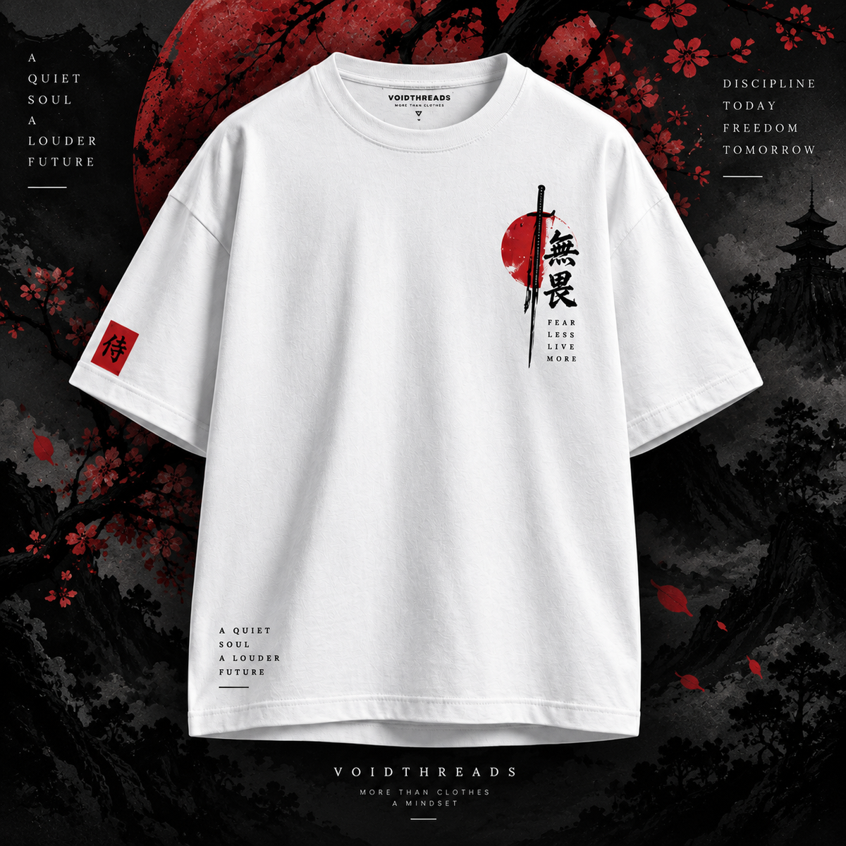 White oversized t-shirt front with Japanese red sun, samurai and Fear Less Live More graphic