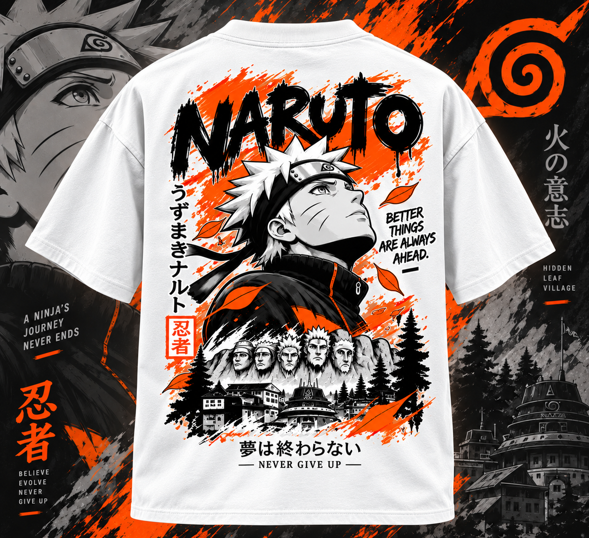 White Naruto T-shirt with detailed Naruto anime back graphic