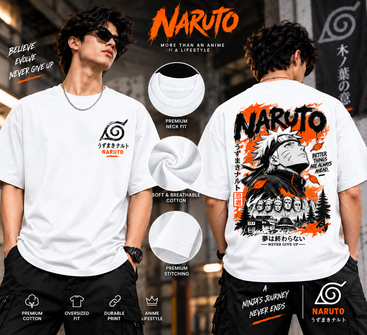 White Naruto T-shirt with front and back anime prints