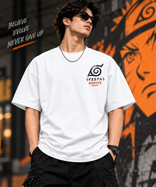 Men wearing white Naruto T-shirt with Naruto chest logo