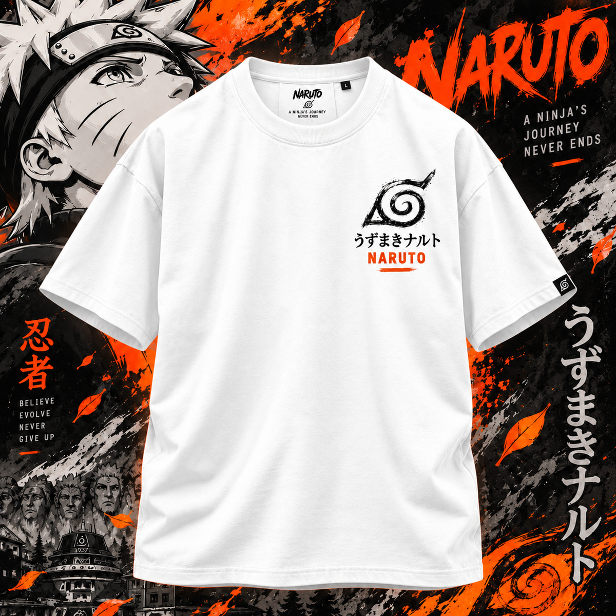 White Naruto T-shirt with Naruto logo front chest print