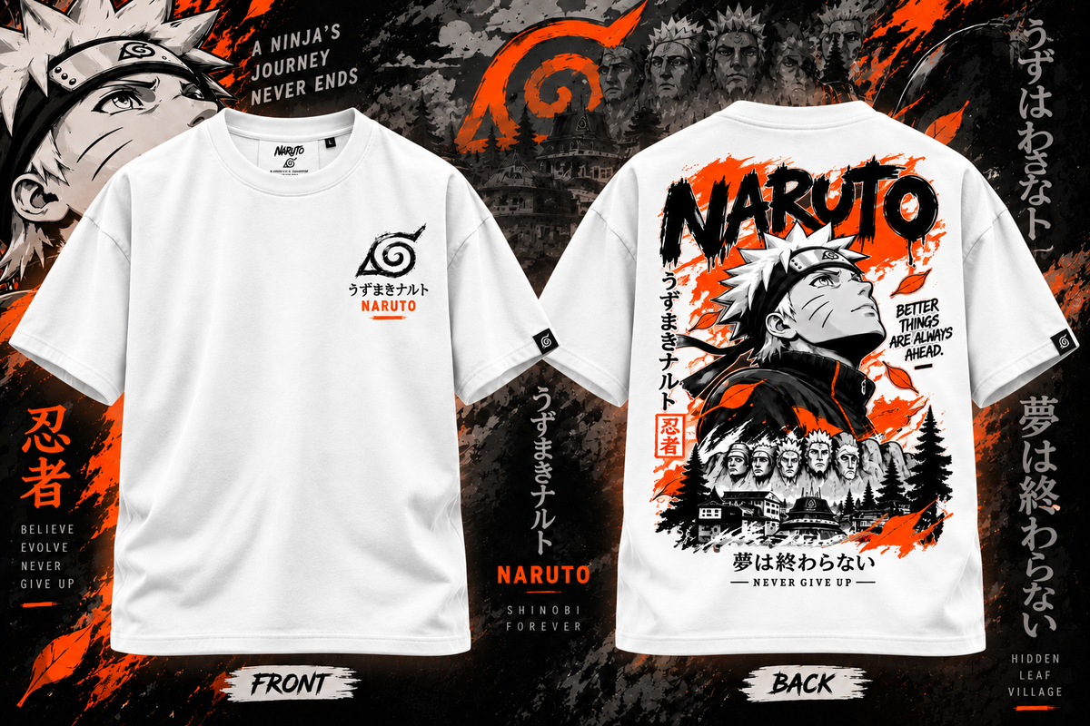 White Naruto T-shirt front and back view with anime graphics
