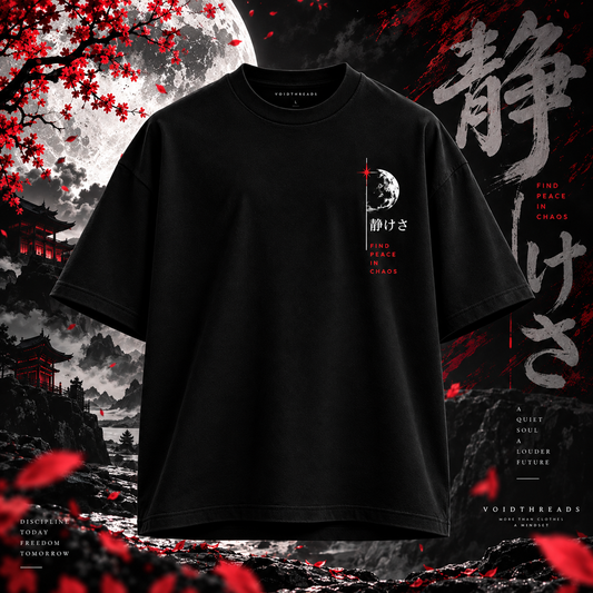 Black oversized t-shirt front with moon graphic, Japanese lettering and Find Peace in Chaos text