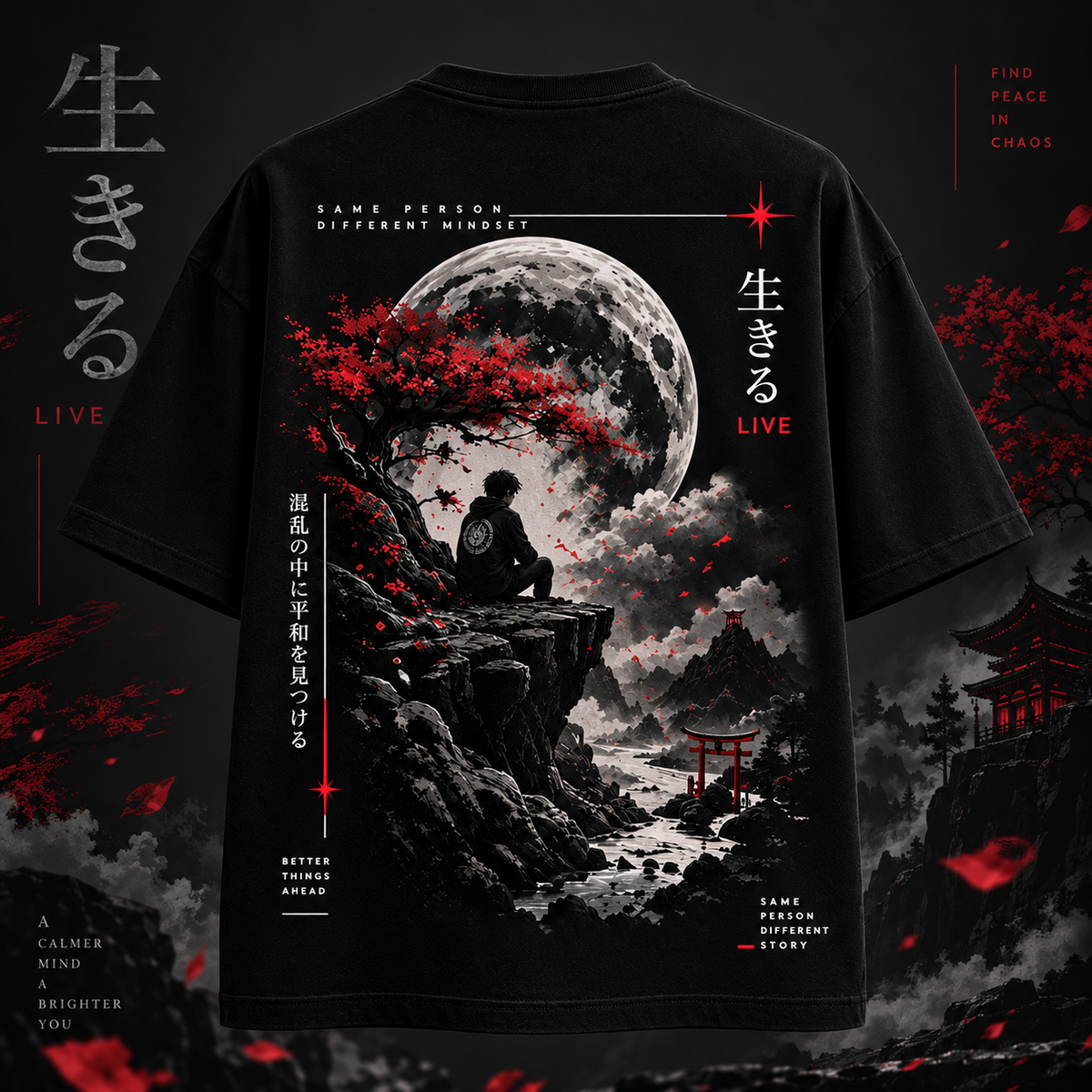 Black oversized t-shirt back featuring large moon, mountain landscape, red trees and Japanese artwork