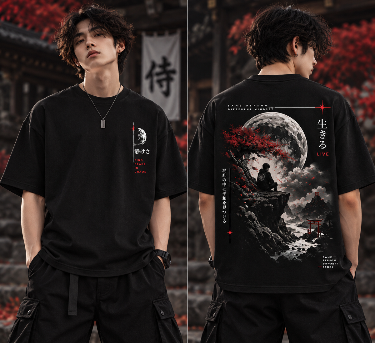 Front and back view of black oversized Find Peace in Chaos t-shirt with moon and Japanese-inspired artwork