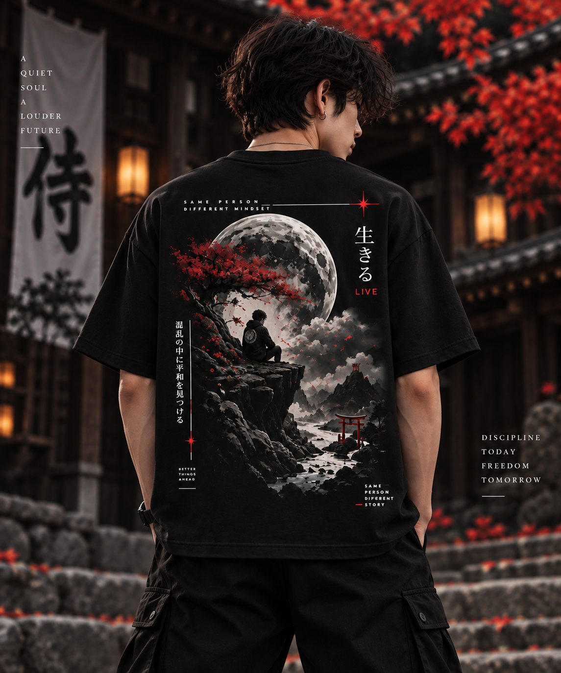 Model wearing black oversized t-shirt with moonlit mountain, red tree and Live back graphic