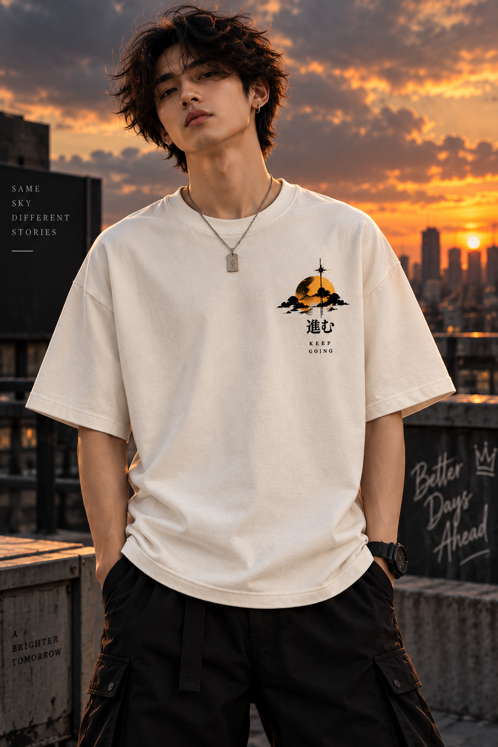 Model wearing white oversized Keep Going t-shirt with sunset chest graphic