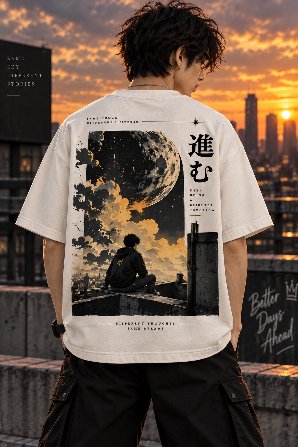 Model wearing white oversized t-shirt with moonlit city sunset artwork on the back