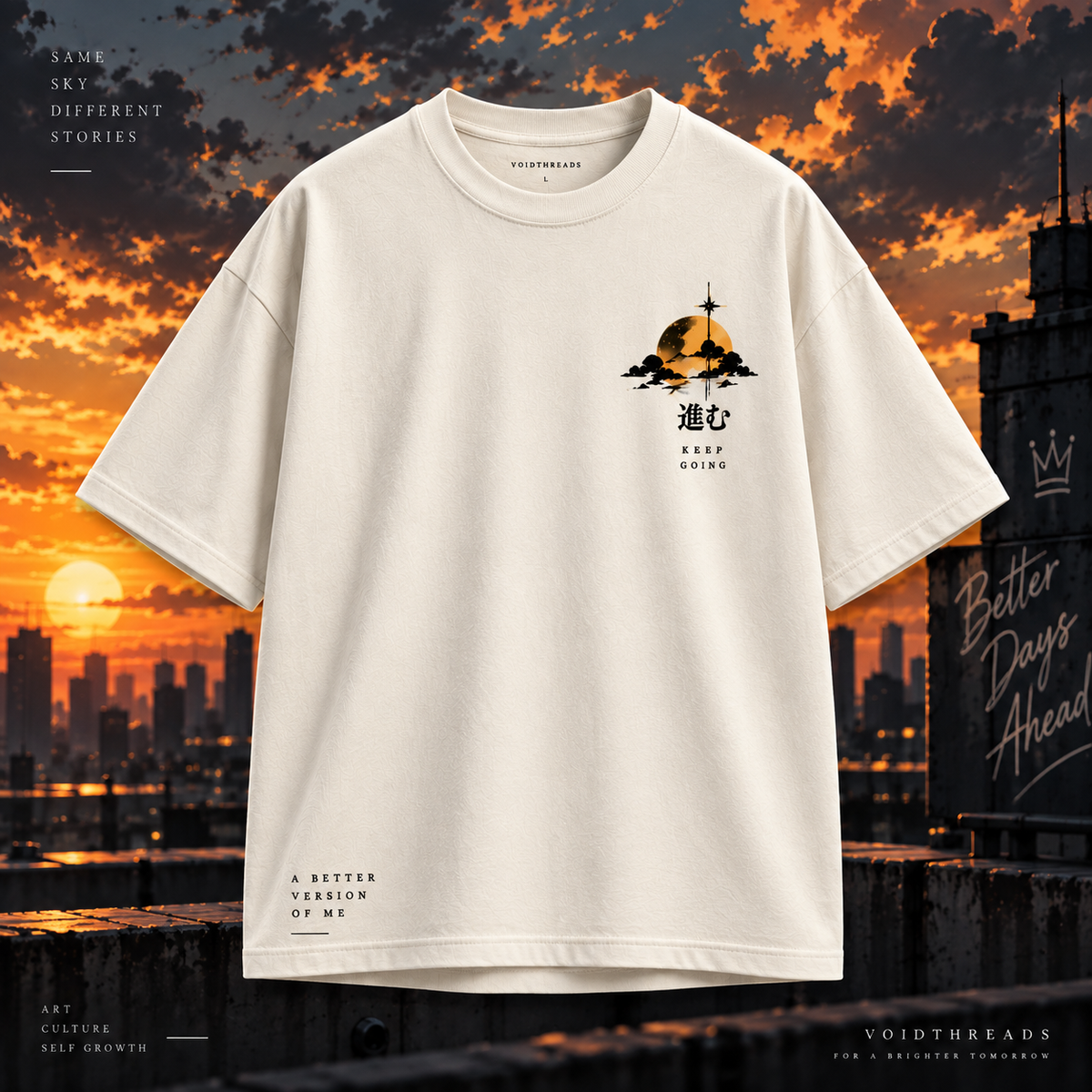 White oversized t-shirt front featuring Keep Going sunset and Japanese graphic