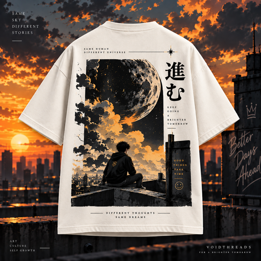 White oversized t-shirt back with moon, clouds and city rooftop graphic